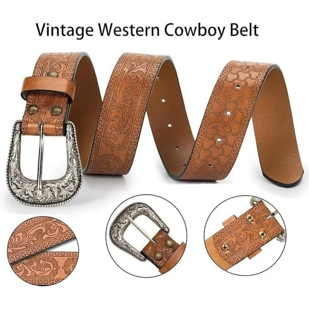 Women's Brown Adjustable Vintage Western Belts Engraved Buckle Cowgirl Belt
